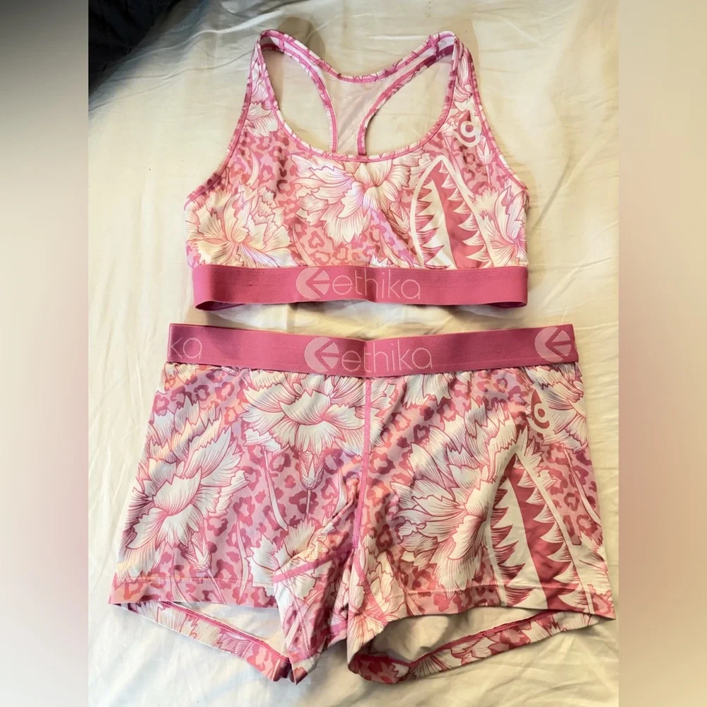 ethika Pink Floral Sports Bra and Shorts Set